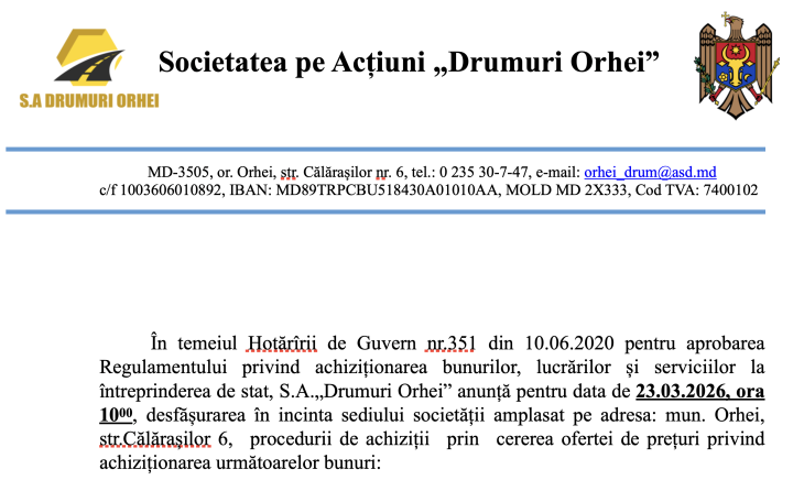 Licitație deschisă: Utilaje de construcție și transport pentru S.A. „Drumuri Orhei”